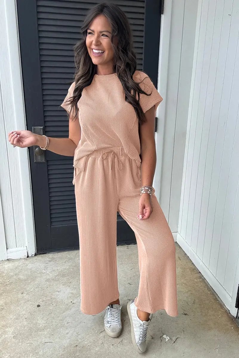 Smoke Gray Solid Corded Knit Short Sleeve T Shirt and Wide Leg Pants Set - Love Salve